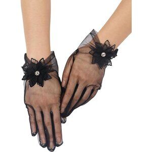 Women's Evening Black Mesh Lace Short Gloves Wedding Bridal Tea Party Prom